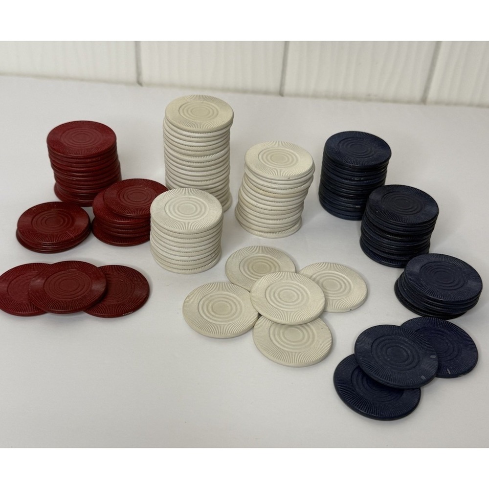 VTG Lot 103 Composite Clay Embossed Red White Blue Poker Chips Gaming Gambling